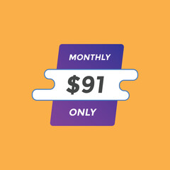 91 dollar price tag. Price $91 USD dollar only Sticker sale promotion Design. shop now button for Business or shopping promotion
