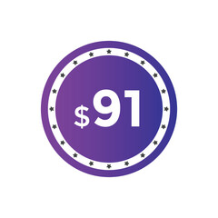91 dollar price tag. Price $91 USD dollar only Sticker sale promotion Design. shop now button for Business or shopping promotion
