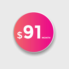 $91 USD Dollar Month sale promotion Banner. Special offer, 91 dollar month price tag, shop now button. Business or shopping promotion marketing concept
