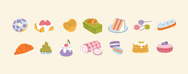 Delicious sweets and pastry. Set of homemade desserts croissant, chocolate biscuity, macaroons, cake, cupcake, cookies, donut, roll, candy, muffin. Cartoon party snacks Recipes with sugar illustration