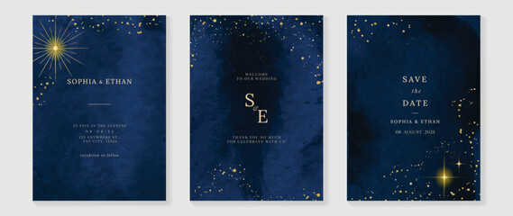 Luxury wedding invitation card template. Watercolor card with blue color, star, sparkle, gold brush, watercolor texture, foil. Elegant galaxy vector design suitable for banner, cover, invitation. © TWINS DESIGN STUDIO