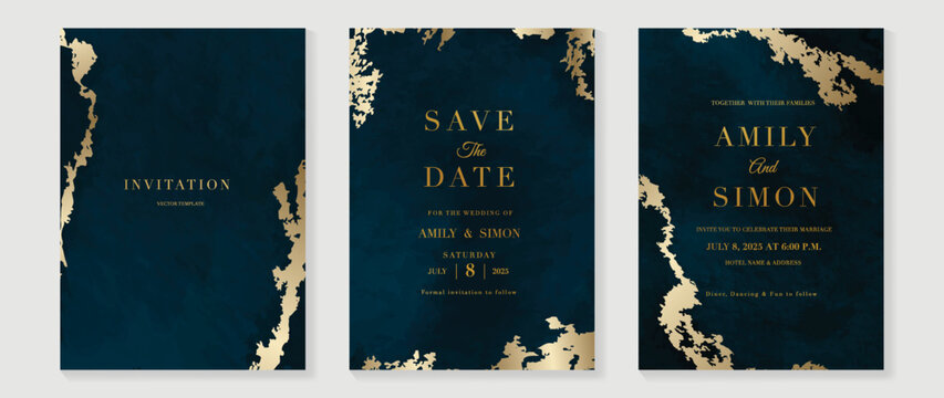 Luxury wedding invitation card template. Simple watercolor card with dark blue color, gold brush, watercolor texture, foil. Elegant golden vector design suitable for banner, cover, invitation.