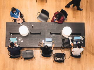 Group of People working Table Top view Co working space Business concept