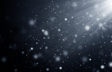 white particles on a black background in the rays of light