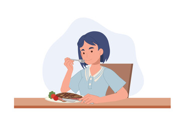 woman is eating a beef steak on the table. vector illustrations.