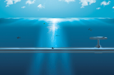 Nord stream 2 gas pipe leakage under water 3D background
