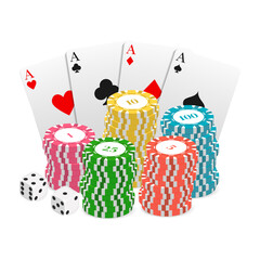 Casino and poker chips, game dice, four of a kind card combination. Element for design creation. Realistic style.