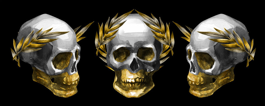 Gold skull of a ruler with a laurel crown. Fantasy. Watercolor drawing on a black background.
