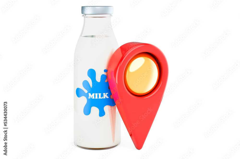 Poster milk bottle with map pointer. 3d rendering