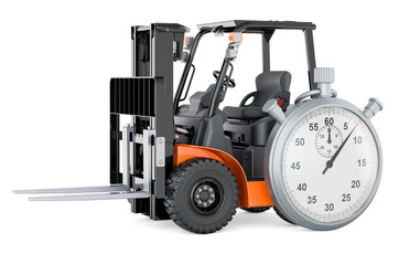 Forklift truck with stopwatch. Fast delivery and shipping concept, 3D rendering