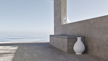 3d illustration of a surrealistic loft-style coach, ceramic vase, and architecture near the ocean in the afternoon with calm felling.