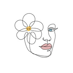 Woman Abstract Face with Flower One Line Drawing. Female Portrait Minimalist Style. Botanical Nature Trendy Symbol for Cosmetics. Continuous Line Art Fashion Minimal Print. Beauty Logo. Vector EPS 10