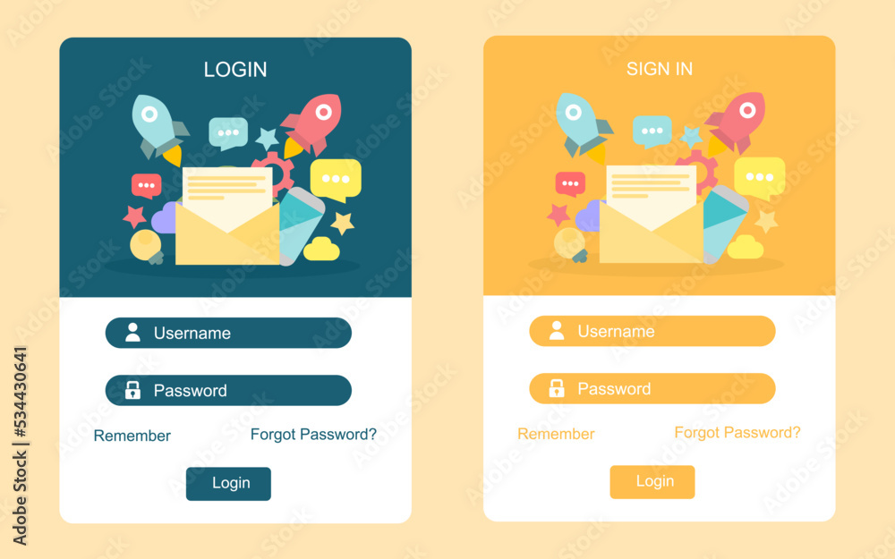Poster set of sign up and sign in forms with different colors. mobile registration and login forms page. ve