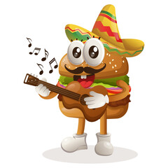 Cute burger wearing mexican hat with playing guitar