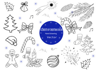 Big set of Christmas and New Year elements: Candle, Santa, snowflakes, Christmas star, gifts, cones, Christmas trees, angels, socks, lollipop, cedar, Christmas decorations.
Hand drawing
Vector