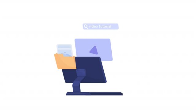 Animated search on computer object. Find courses on internet. Full sized flat elements HD video footage with alpha channel. Color cartoon style illustration on transparent background for animation