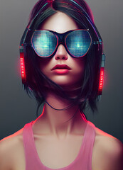 Naklejka premium Portrait of a young woman with futuristic sunglasses, digital illustration