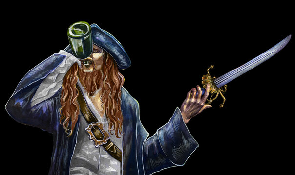 Drawing of a red-haired drunken pirate with a bottle of rum in his hands and a sword. Red beard. Sea adventures. Watercolor drawing isolated on black background.