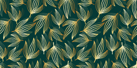Nature golden leaves line arts on green background vector. Floral seamless pattern, golden leaves line arts