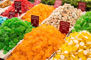 Artisanal chewy sweet gummies of fruits at the flea market