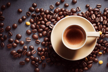 Espresso Coffee Cup with Beans on Vintage Table