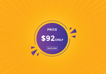 $92 USD Dollar Month sale promotion Banner. Special offer, 92 dollar month price tag, shop now button. Business or shopping promotion marketing concept
