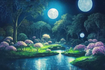 Fotobehang Fantasy magical enchanted fairy tale landscape with forest lake, fabulous fairytale garden. mysterious blue background and glowing moon ray in night © 2rogan