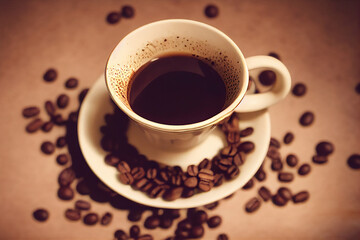 Espresso Coffee Cup with Beans on Vintage Table