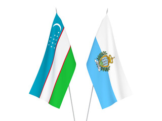 National fabric flags of Uzbekistan and San Marino isolated on white background. 3d rendering illustration.