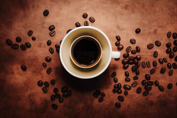 Espresso Coffee Cup with Beans on Vintage Table