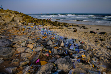 Plastic waste at Atlantic ocean coast in Ghana