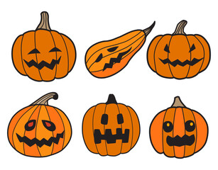 A set of pumpkins of different shapes and with different facial expressions. An orange vegetable with a black outline. Cartoon flat style. Pumpkin lanterns with faces for Halloween celebration. Vector