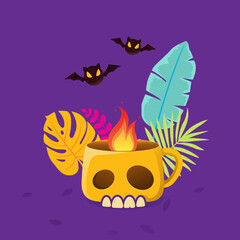 Funny cartoon skull with fire, tropical leaves, and bat for halloween background