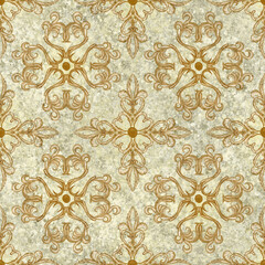 Vintage Moroccan tiles seamless pattern. Endless retro background in majolica style. Italian classic style of shabby old tiles. For wallpaper and fabric. Old watercolor hand painted azulejo pottery.