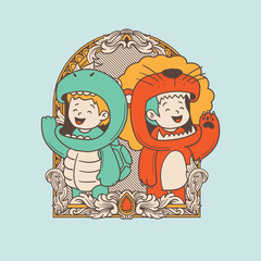 kid wearing cartoon animals costume 
