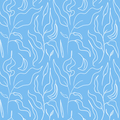 Floral seamless pattern with hand drawn elements. White lineart leaves on blue backgrpund. Seamless pattern for textile, pajamas, wrapping paper