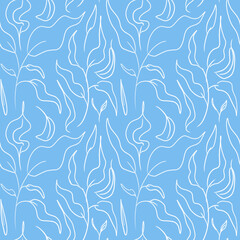 Floral seamless pattern with hand drawn elements. White lineart leaves on blue backgrpund. Seamless pattern for textile, pajamas, wrapping paper