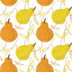 Stylish watercolor pears seamless pattern. Watercoloring fruit on white background. Natural seamless texture. Illustration for textile, pajamas, wrapping paper