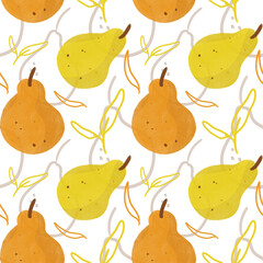 Stylish watercolor pears seamless pattern. Watercoloring fruit on white background. Natural seamless texture. Illustration for textile, pajamas, wrapping paper