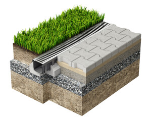 Cross section of drainage system concept with channel between lawn and pavement blocks isolated on white background - 3D illustration - 534435251