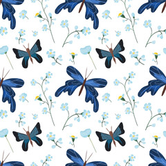 Insect seamless pattern on white background. Hand drawn elements: blue butterflies, chamomiles and greenery. Natural design for textile, pajamas, wrapping paper, etc