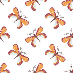 Cute butterfly seamless pattern on white background. Colorful insect mono element with butterfly. Natural design for textile, pajamas, wrapping paper, etc