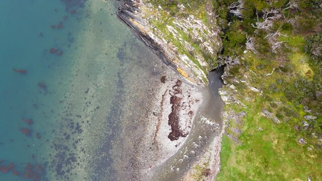Drone bird's eye view video of a river mouth at Ushuaia Patagonian Argentina