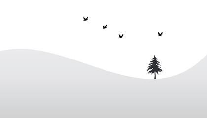 Wide angle illustration of birds and tree silhoutte.