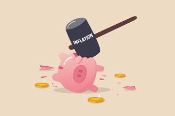 Inflation causing money value decreased or recession make stock market crash, pension fund losing value or business bankruptcy concept, big hammer with the word inflation hit broken piggy bank. - obrazy, fototapety, plakaty