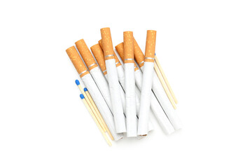 Concept of harm of smoking, cigarettes and matches isolated on white background