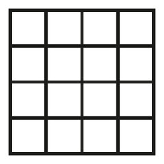 Black outlined square divided in sixteen parts, into sixteenths. 4x4 grid. Isolated png illustration, transparent background. Asset for overlay, montage, collage, presentation. Business concept.	