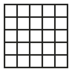 Black outlined square divided in twenty five, 25,  parts. 5x5 grid. Isolated png illustration, transparent background. Asset for overlay, montage, collage, presentation. Business concept.	