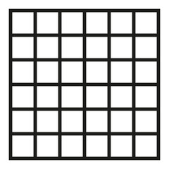 Black outlined square divided in thirty six, 36,  parts. 6x6 grid. Isolated png illustration, transparent background. Asset for overlay, montage, collage, presentation. Business concept.	