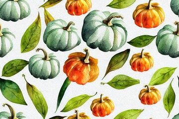 Seamless watercolor pattern with green, white pumpkins and autumn leaves. Design for wrapping paper decoration, background